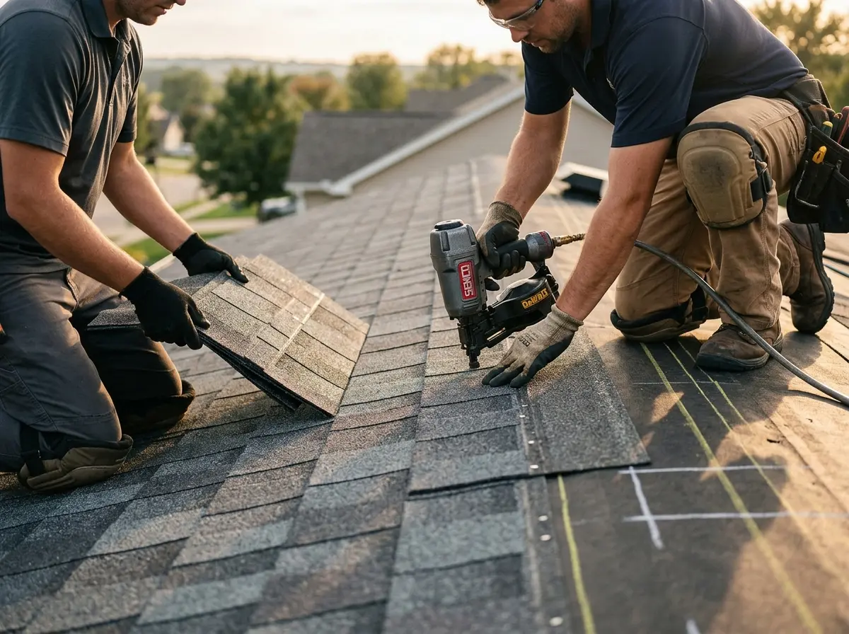 Professional roofer working on a residential roof in Wheatfield